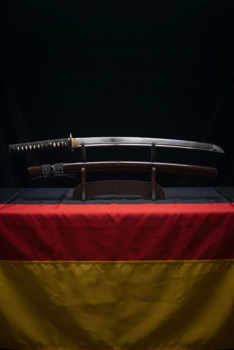 Katana auf einem Ständer vor der deutschen Flagge
